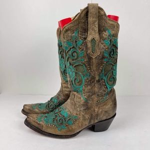Corral Boots Dark Antique Saddle/Turquoise Inlay & Studs US 8.5 M Snip Toe